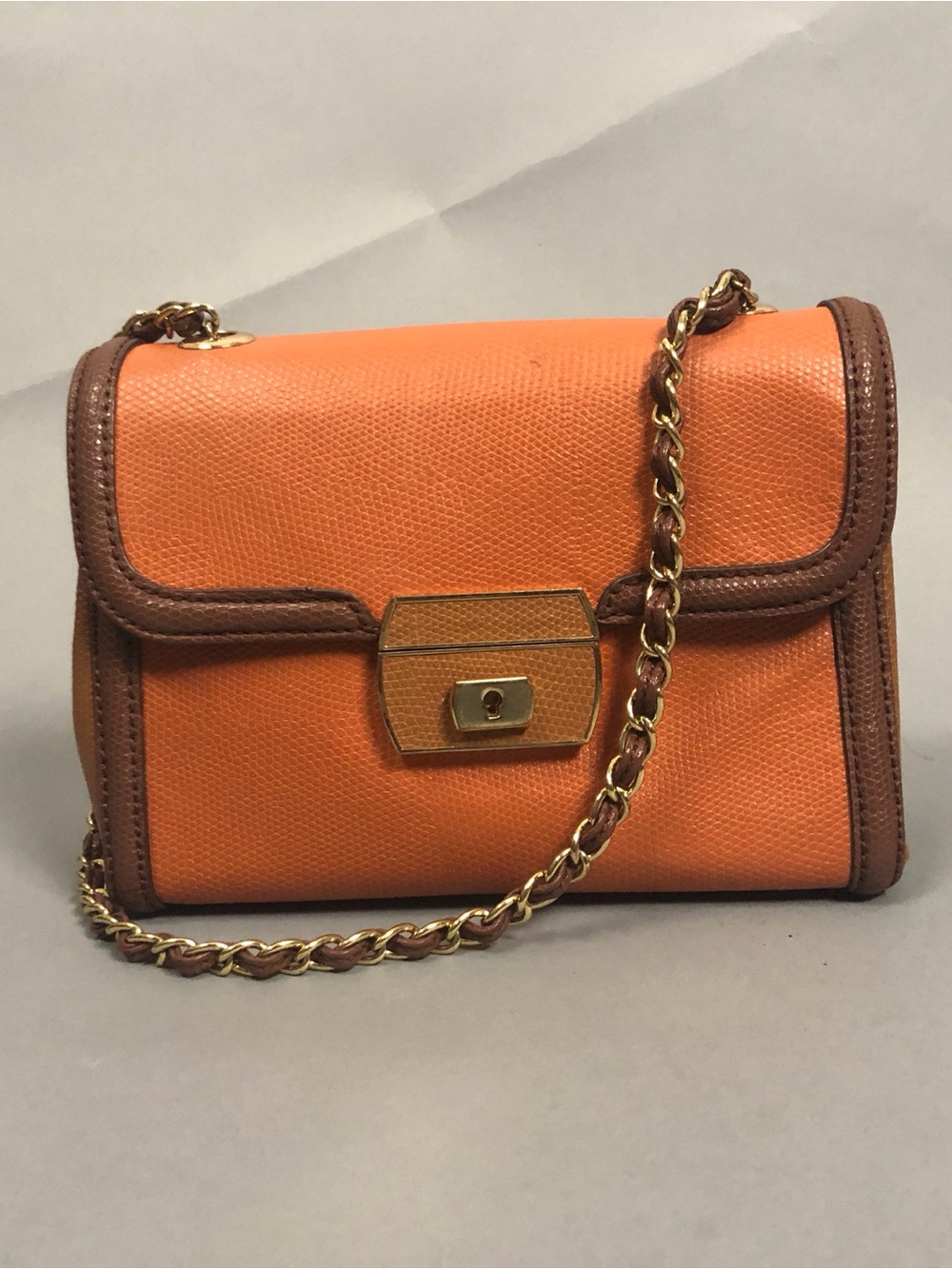 Love Moschino Orange Crossbody Bag with Brown Trim and Gold Chain